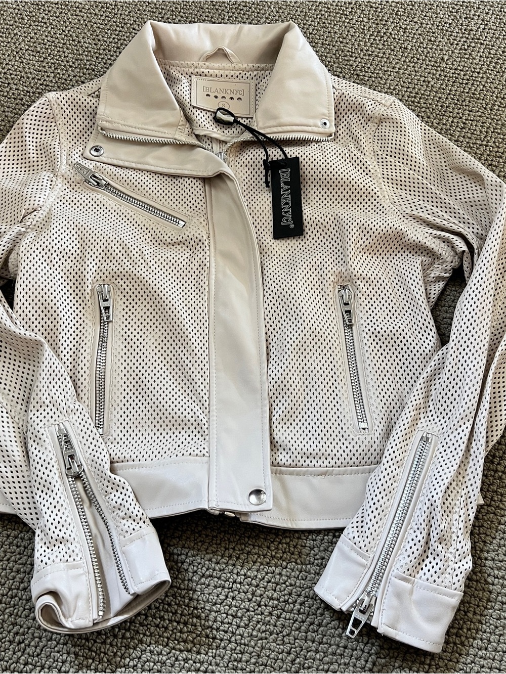 Blank NYC Women's Cream Perforated Leather Moto Jacket-size small